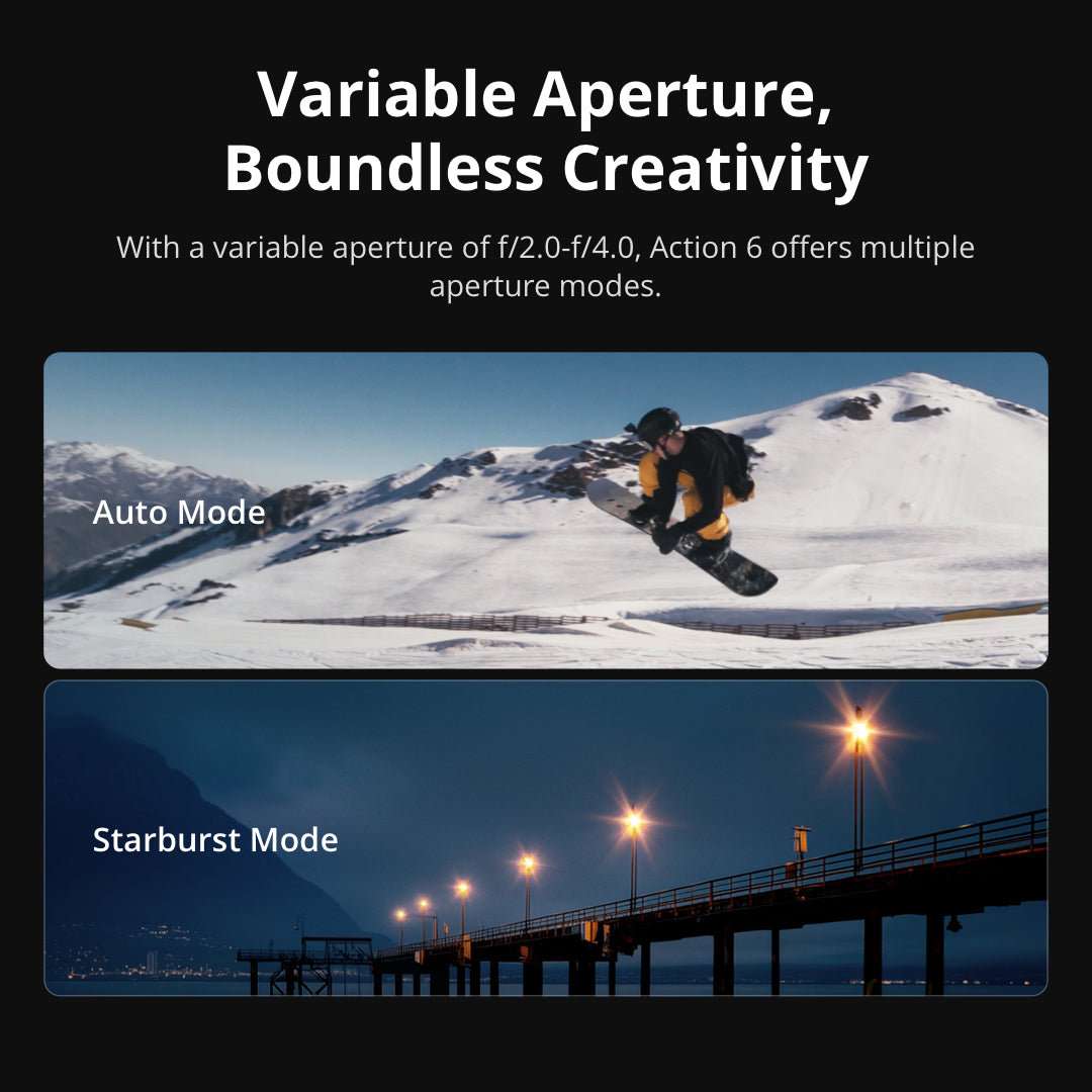 DJI Osmo Action 6 camera showcasing variable aperture for creative photography modes