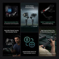 DJI RS 4 gimbal stabilizer showing features like RSA port, teflon-coated arms, 3kg payload, joystick mode, and battery grip