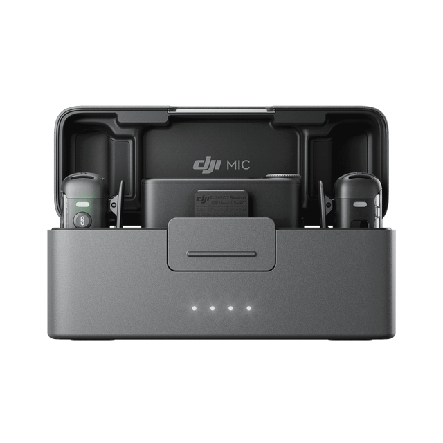 VMIDirect wireless microphone charging case with two lapel microphones inside for easy portability