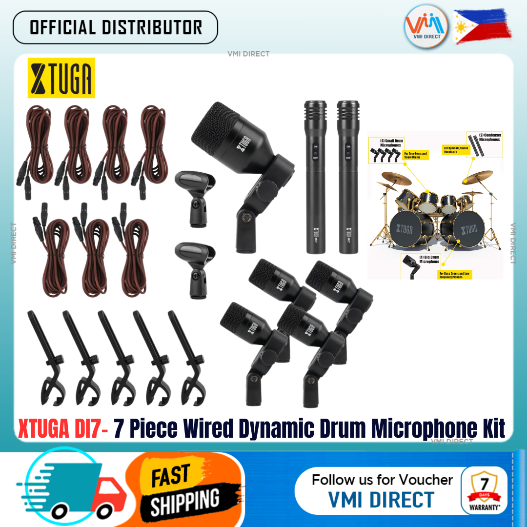Dynamic Drum Microphone Kit by VMIDirect with 7 pieces, including clips and cables for optimal sound capture