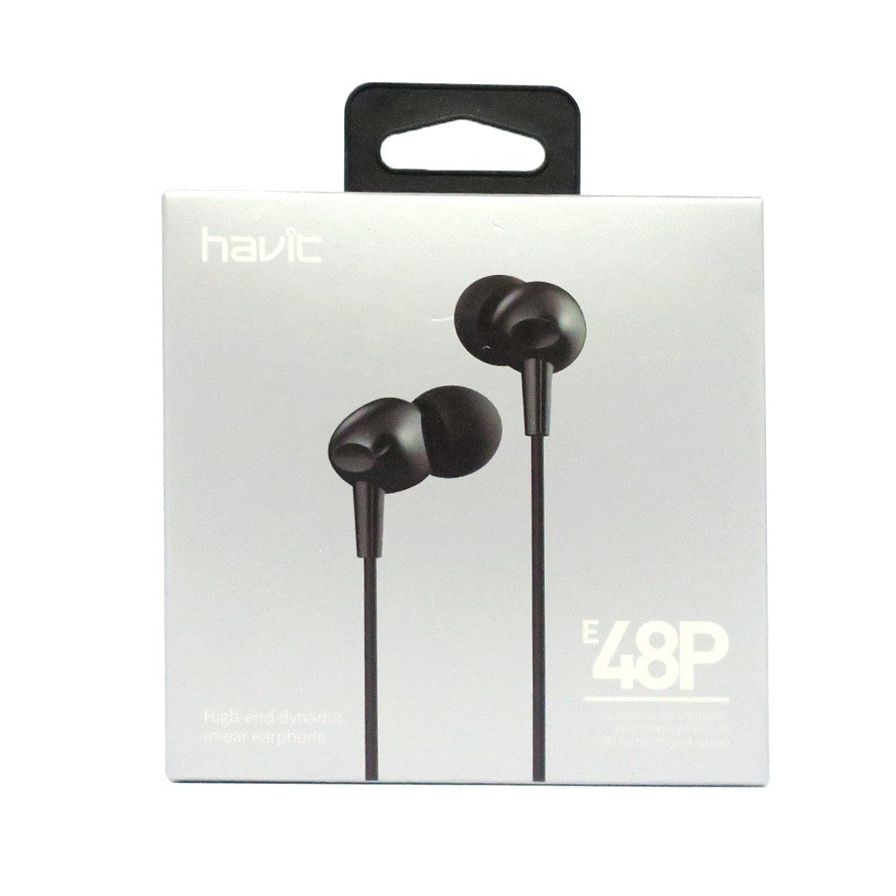 Havit E48P High-End Dynamic In-Ear Earphones in sleek black packaging for premium sound experience