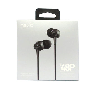 Havit E48P High-End Dynamic In-Ear Earphones in sleek black packaging for premium sound experience