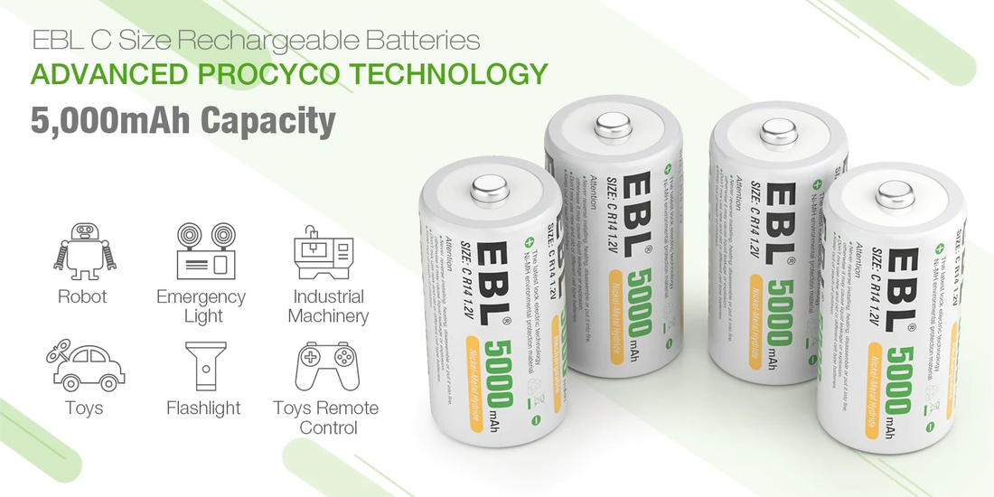 EBL 1.2V C 5000mAh Rechargeable NiMH Battery for high-capacity energy needs