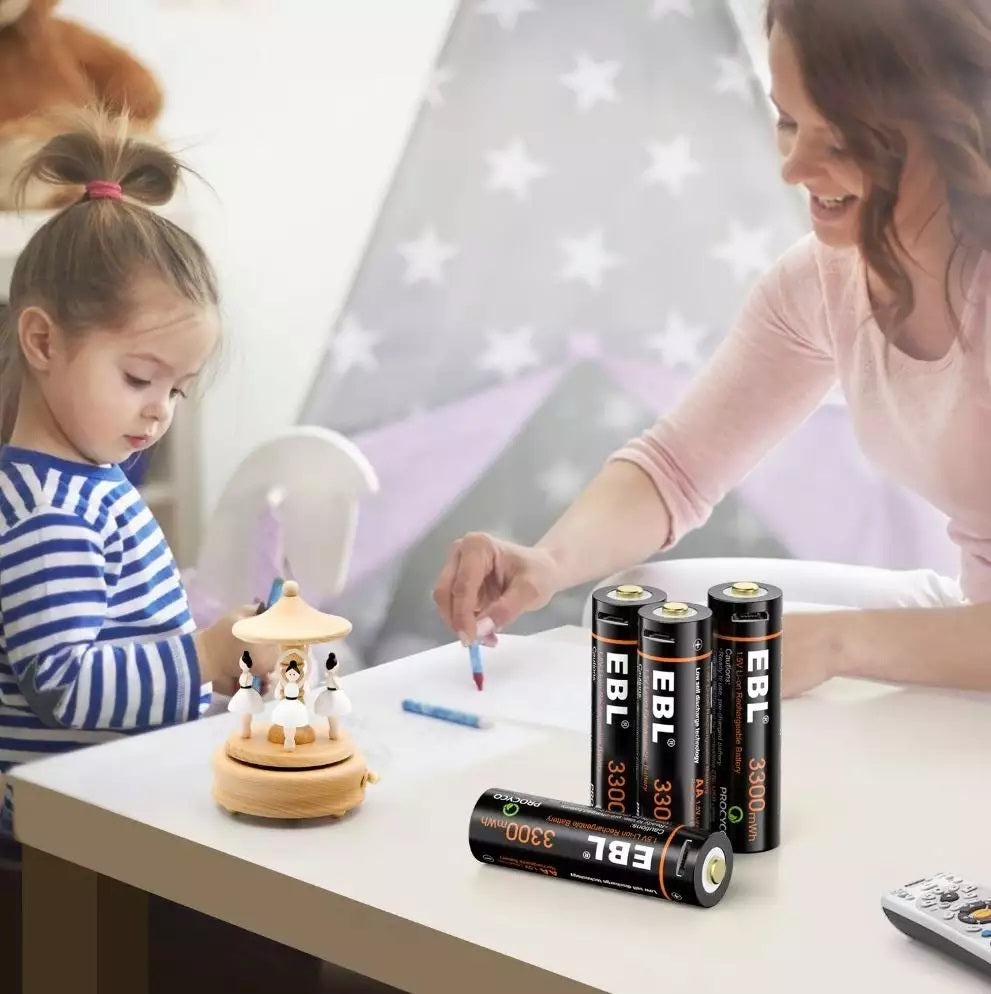 VMIDirect 1.5V AA Rechargeable Battery set with family playing and toys on table