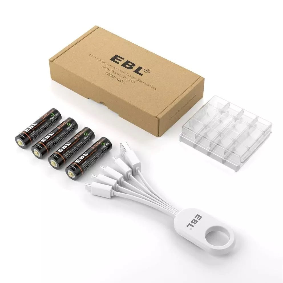 VMIDirect 1.5V AA Rechargeable Battery set with charger and storage case in black and brown packaging