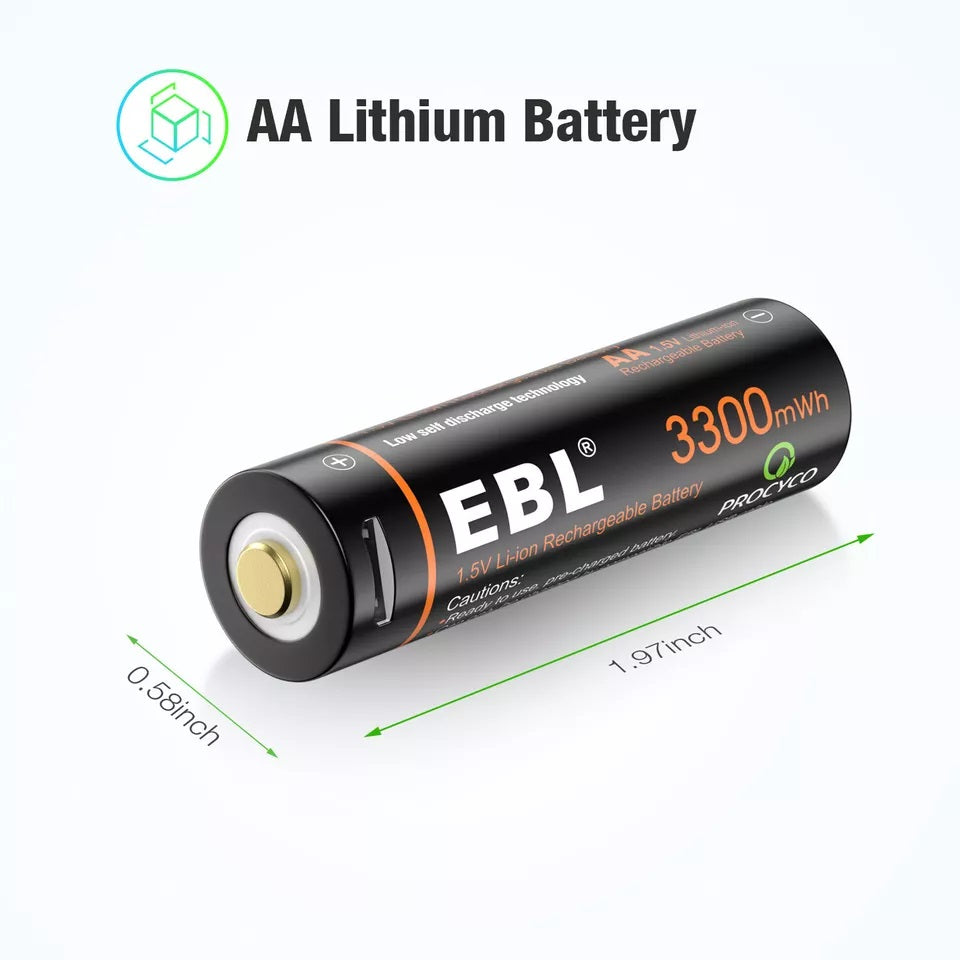 EBL 1.5V AA Rechargeable Battery with 3300mWh capacity measuring 1.97 inch in length