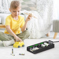12 bay LCD battery charger by VMIDirect charging multiple AA and AAA batteries beside a child playing with wooden toys