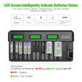 VMIDirect 12 bay LCD battery charger showing charging status for multiple rechargeable batteries with LCD indicators