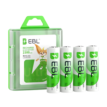 EBL 2300mAh AA rechargeable batteries in a pack of four with storage case for convenience