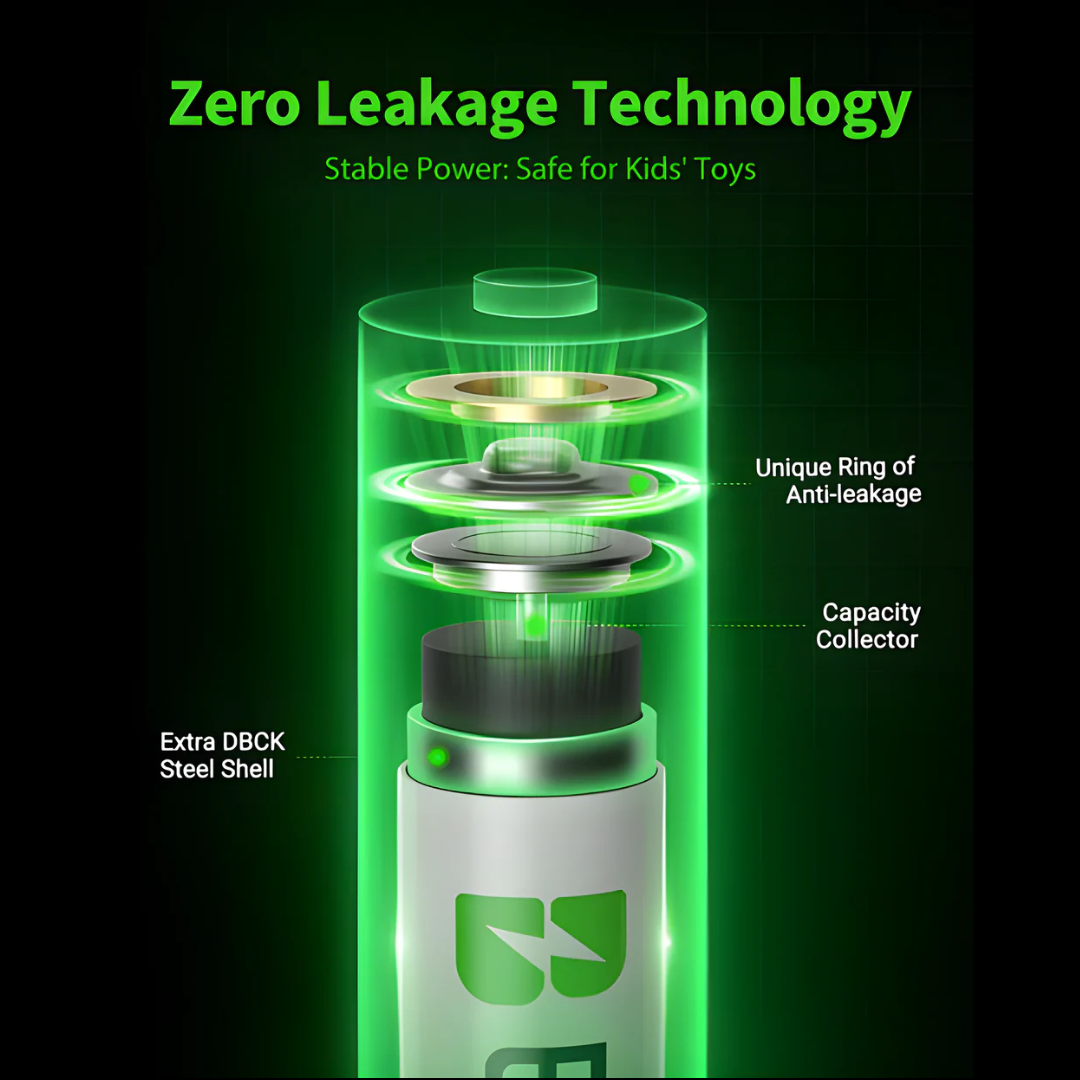 EBL 2300mAh AA rechargeable batteries showcasing zero leakage technology for safe use in kids toys