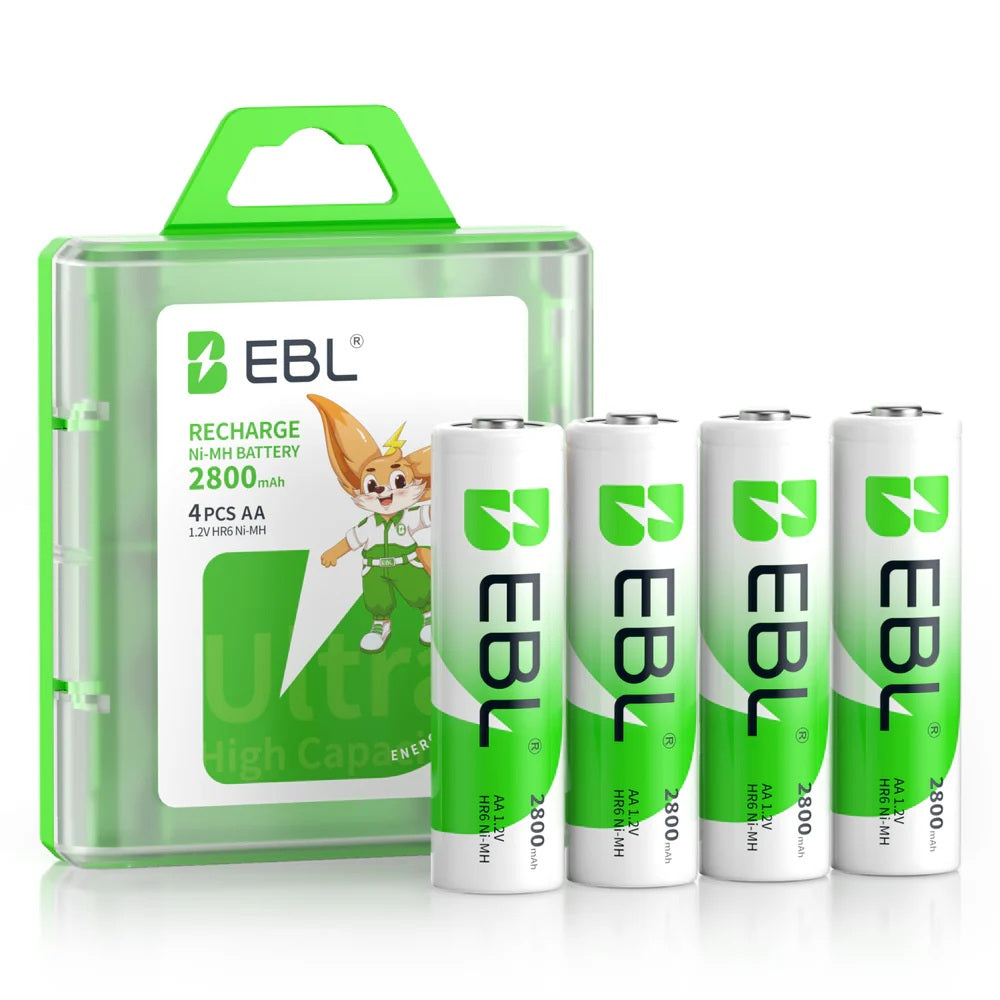EBL 2800mAh AA rechargeable batteries in a pack with a storage case for efficient power supply
