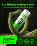 EBL 2800mAh AA rechargeable batteries in eco-friendly packaging promoting renewable energy