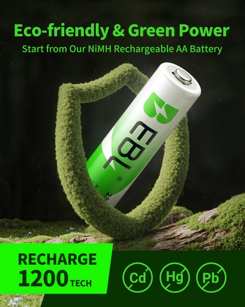 EBL 2800mAh AA rechargeable batteries in eco-friendly packaging promoting renewable energy