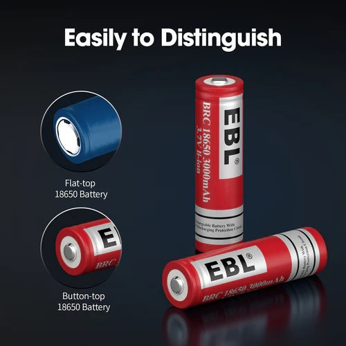 VMIDirect 3.7V 3000mAh lithium ion battery in red showing flat-top and button-top 18650 rechargeable battery types