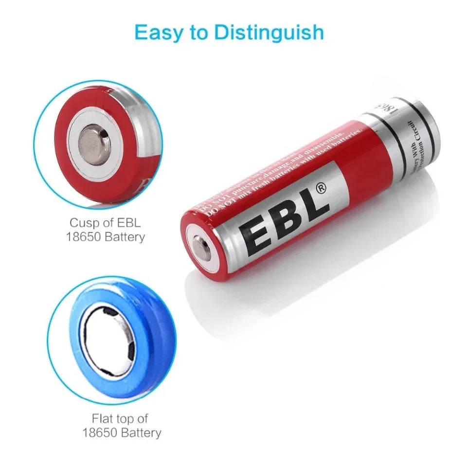 VMIDirect rechargeable 3.7V 3000mAh lithium ion battery with red EBL label and comparison to blue battery tops