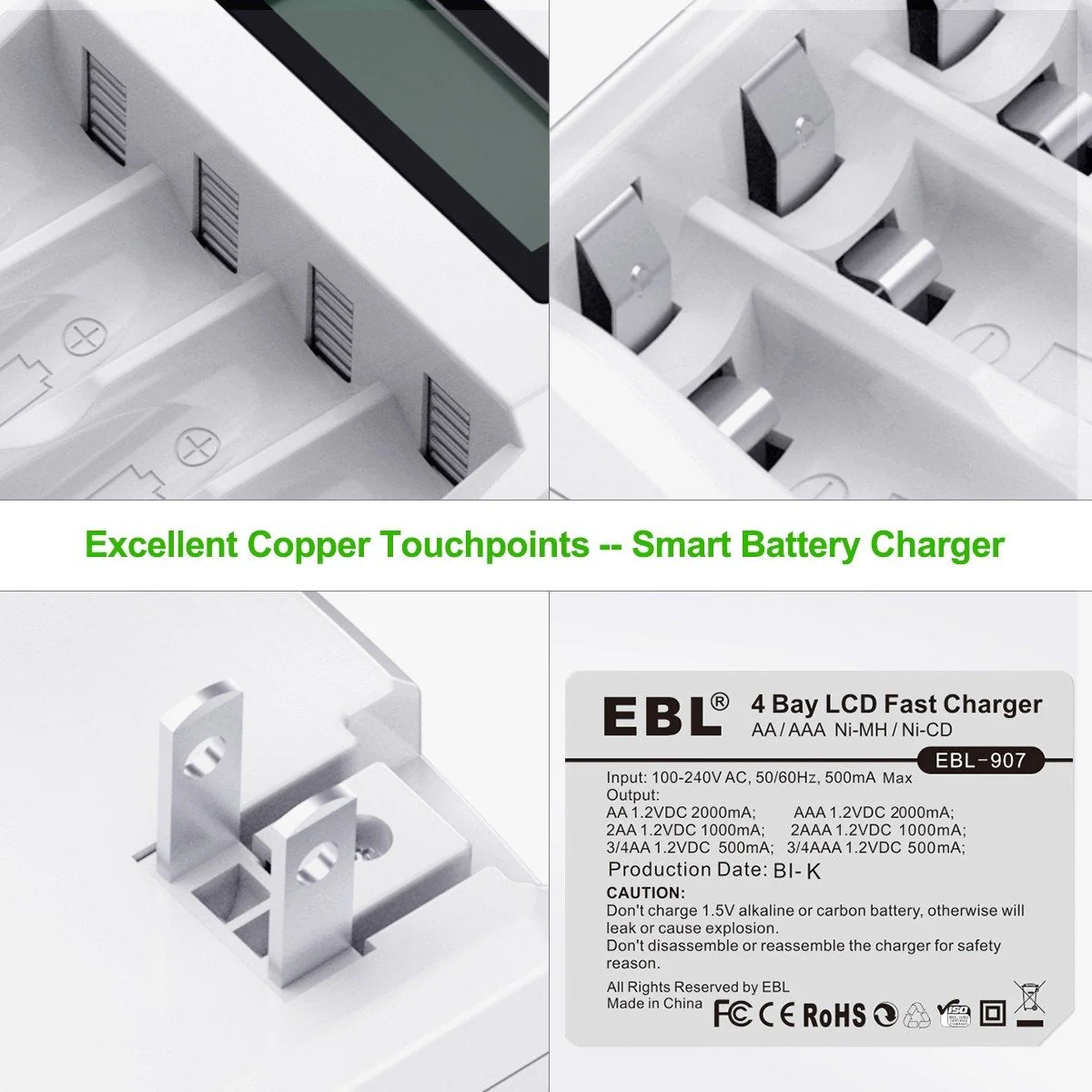 4 Bay Fast Battery Charger with LCD display and excellent copper touchpoints for efficient charging