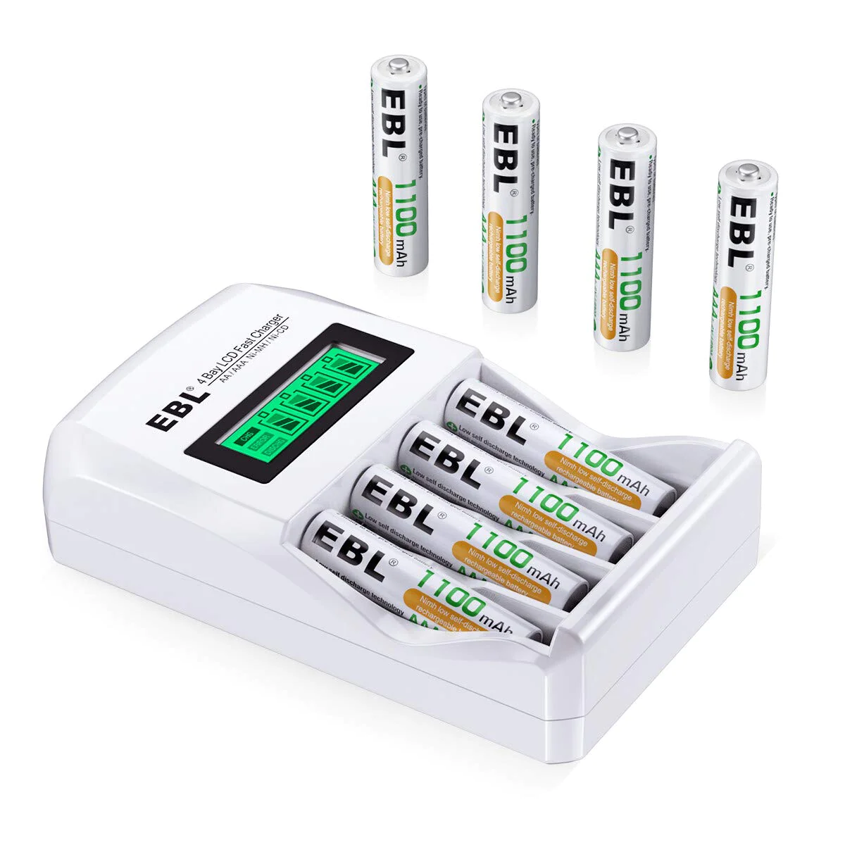 VMIDirect 4 Bay Fast Battery Charger with LCD Display and included rechargeable EBL batteries