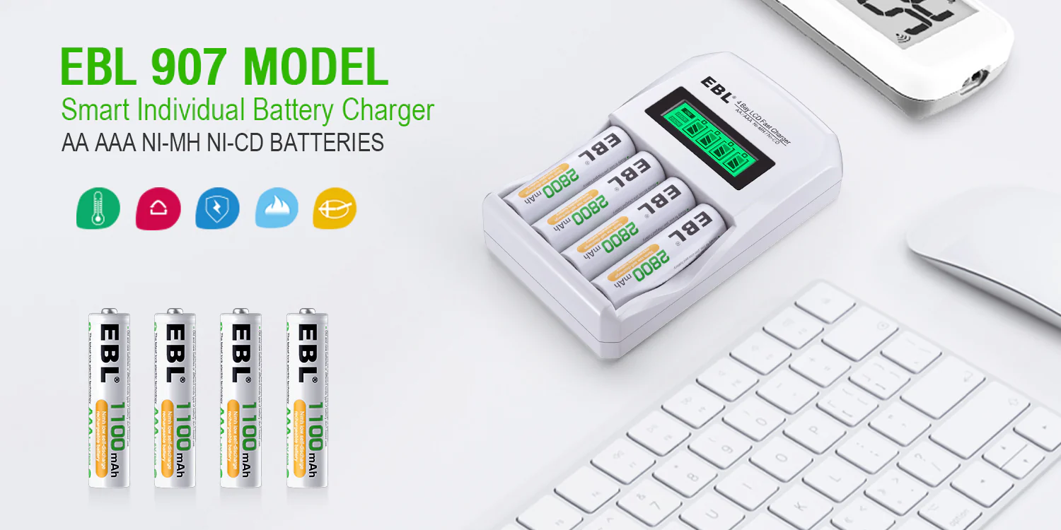 EBL 907 Model Smart Individual 4 Bay Fast Battery Charger for AA AAA NIMH NICD Batteries