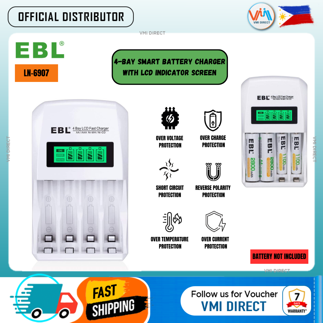 4 Bay Fast Battery Charger by VMIDirect with LCD indicator screen and safety features