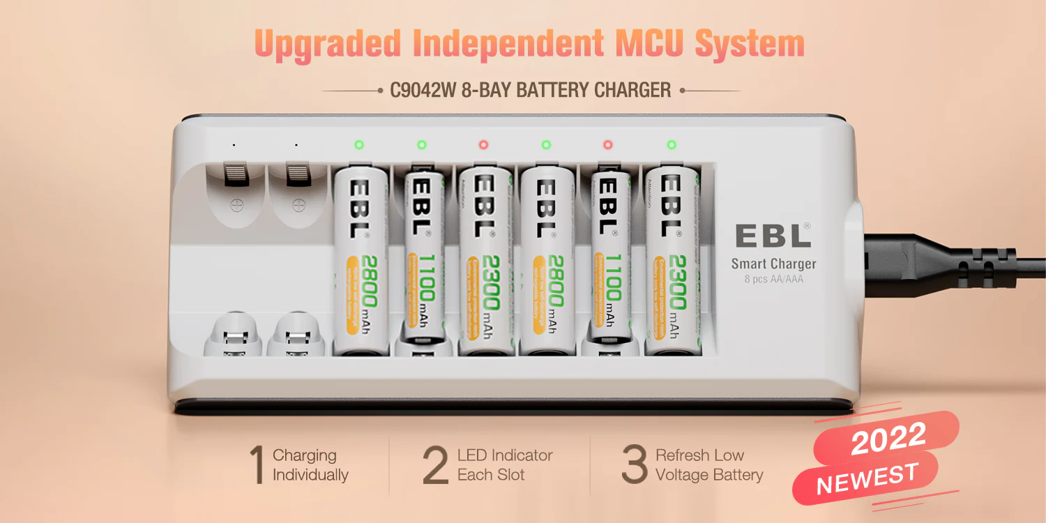 8 Bay Smart Fast Charging Battery Charger with Independent MCU System and LED Indicators for AA and AAA Batteries