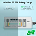 8 Bay Smart Fast Charging Battery Charger showing old and new versions with AA and AAA batteries