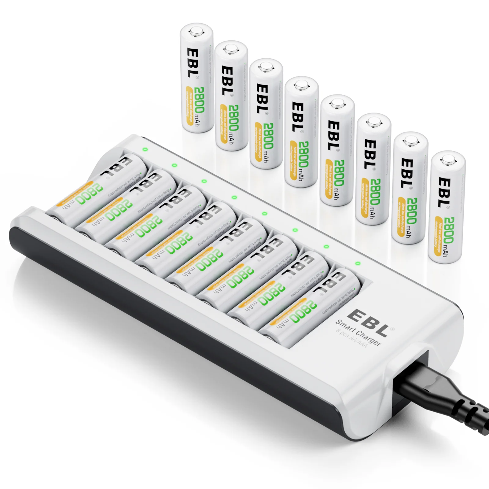 8 Bay Smart Fast Charging Battery Charger with eight AA and AAA rechargeable batteries included
