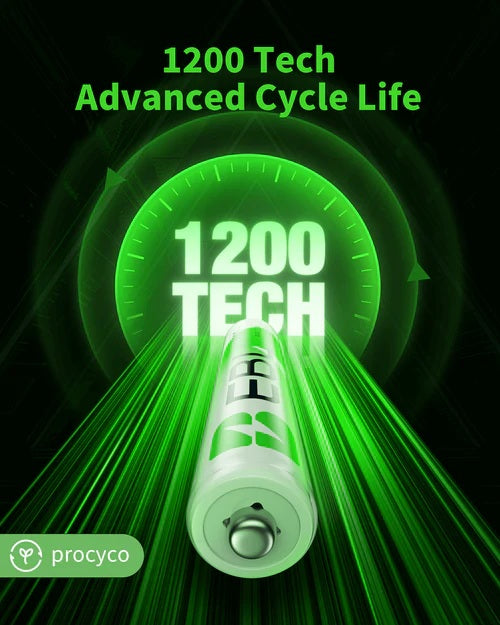 VMIDirect 800mAh NiMH AAA Rechargeable Battery highlighting 1200 tech advanced cycle life