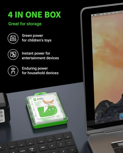 VMIDirect 800mAh NiMH AAA Rechargeable Battery pack in green case placed beside a laptop and keyboard
