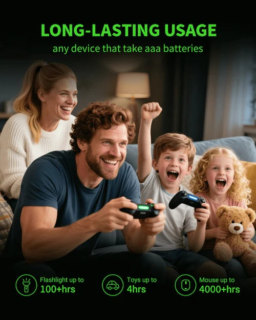 Family using game controllers powered by 800mAh NiMH AAA Rechargeable Battery for long-lasting device usage