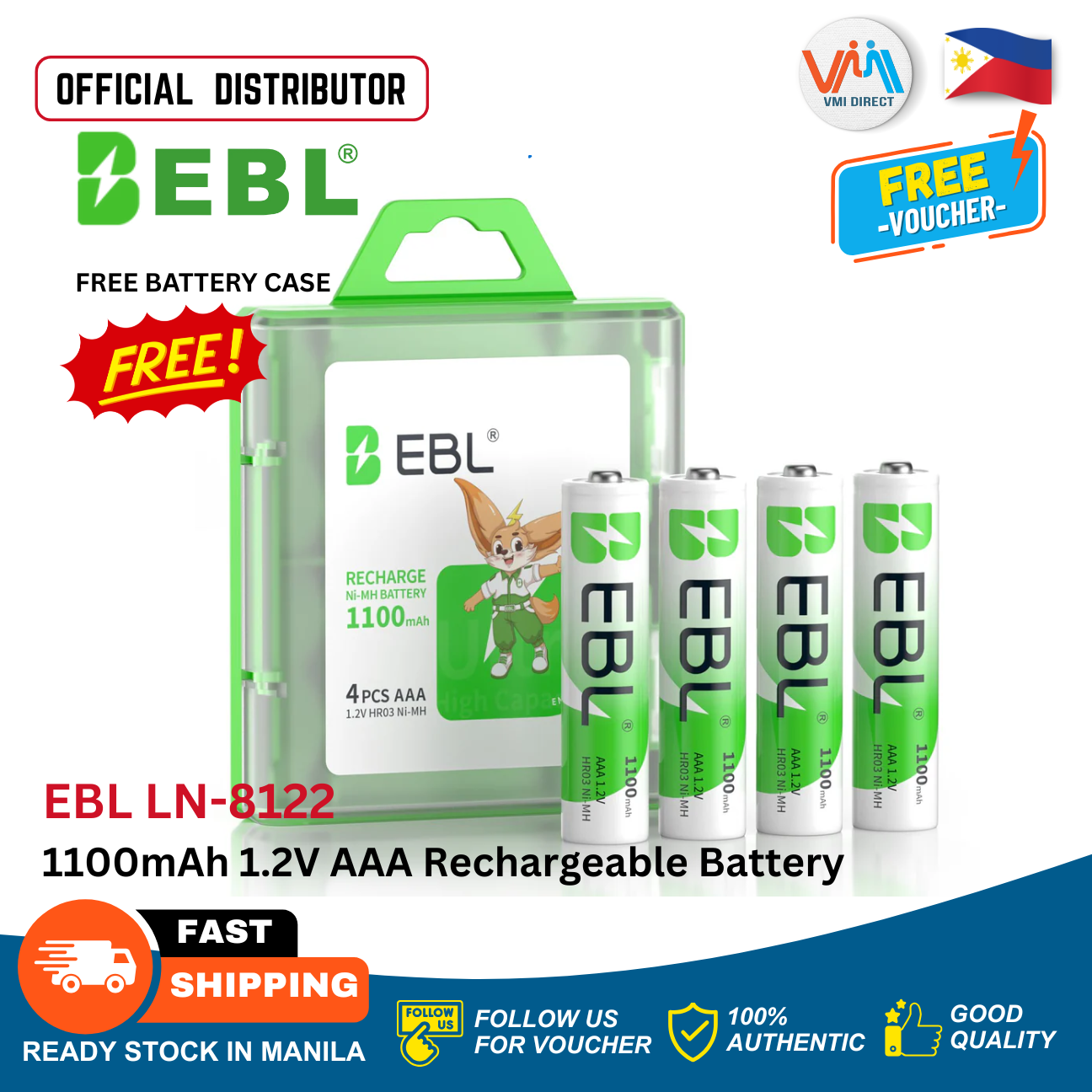 VMIDirect 800mAh NiMH AAA Rechargeable Battery pack with free battery case and fast shipping