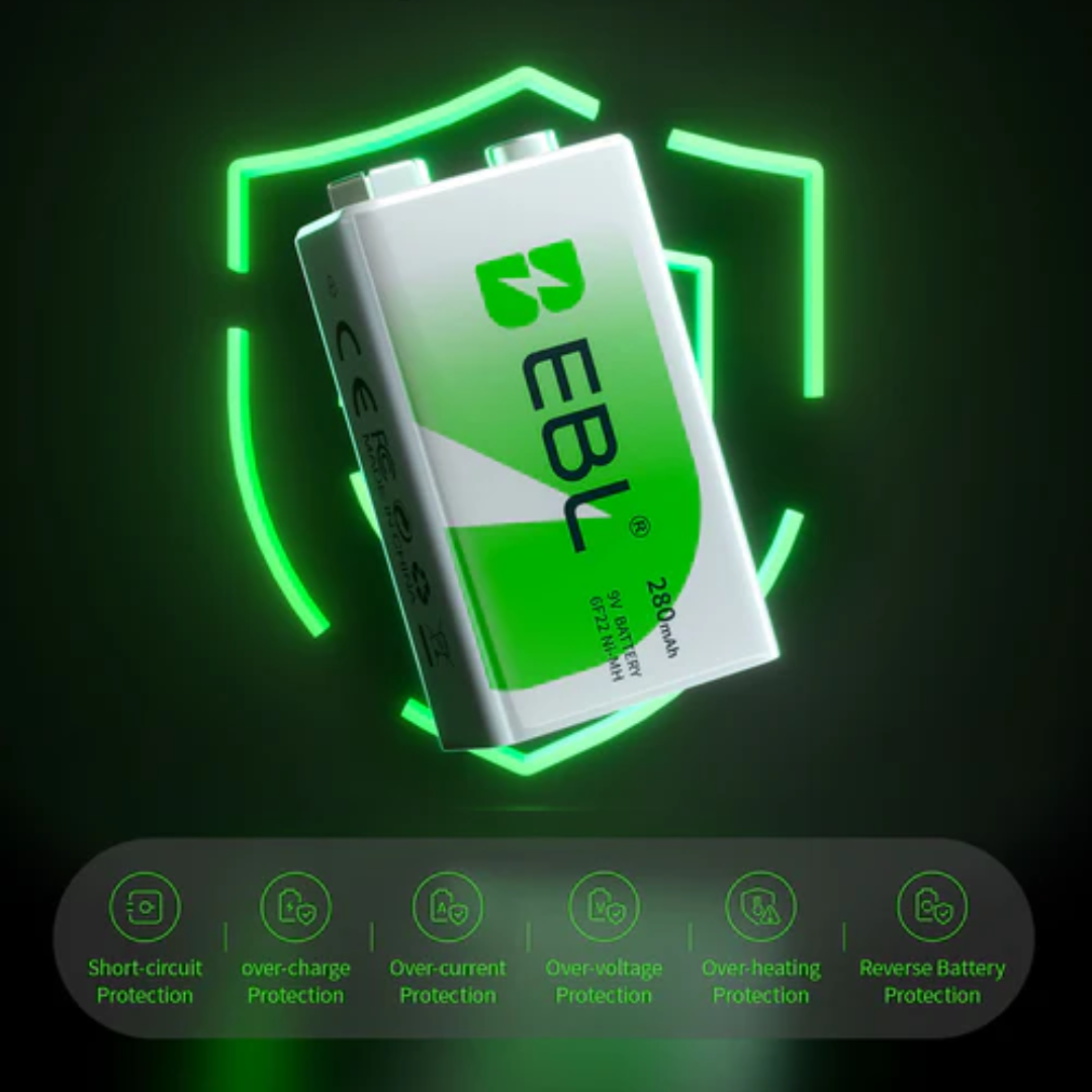 9V 280mAh NIMH Rechargeable Battery with multiple protection features for safe usage