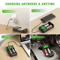 AA AAA Li-ion NiCd NiMH charger shown charging batteries via adapter power bank laptop and car charger
