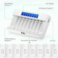 EBL battery charger with LCD display showing slots for AA and AAA batteries and AC port