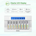 EBL battery charger with LCD display charging AA and AAA rechargeable batteries showing real-time status