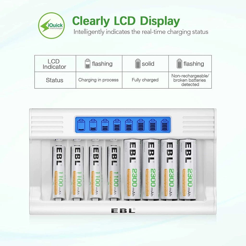 EBL battery charger with LCD display charging AA and AAA rechargeable batteries showing real-time status