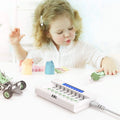 EBL battery charger with LCD display charging AA and AAA batteries on a white surface with child playing nearby