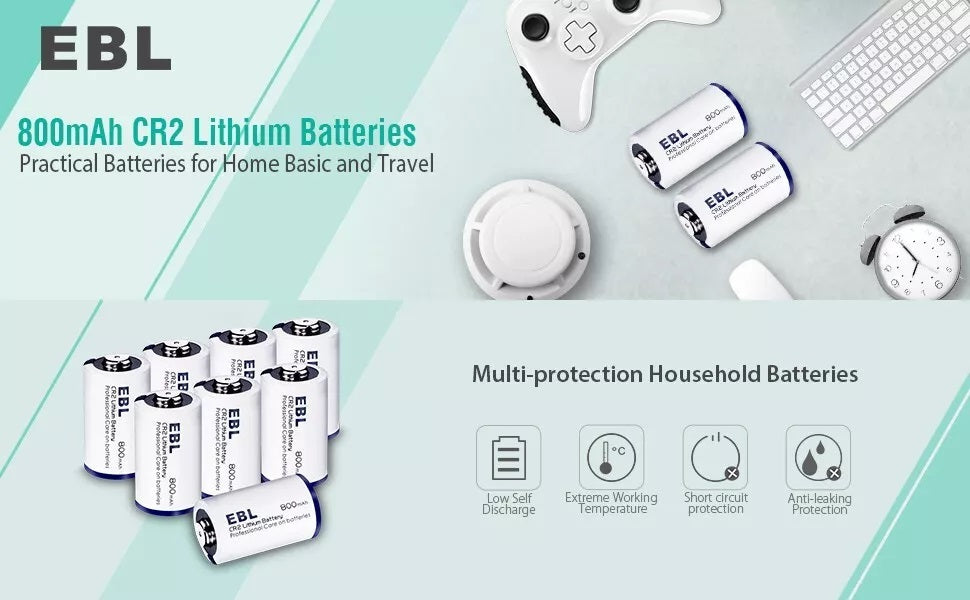 EBL CR2 3V Non-rechargeable battery pack showing multiple lithium batteries for household use