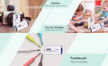 EBL CR2 3V Non-rechargeable battery shown with camera, children's toys, and electric toothbrush uses