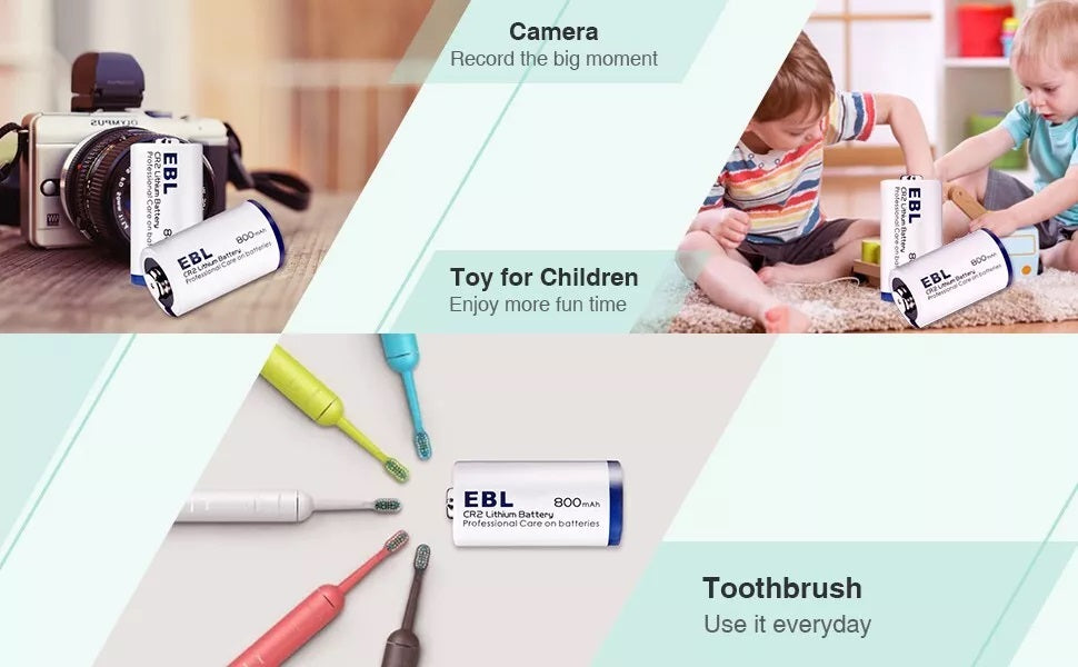 EBL CR2 3V Non-rechargeable battery shown with camera, children's toys, and electric toothbrush uses