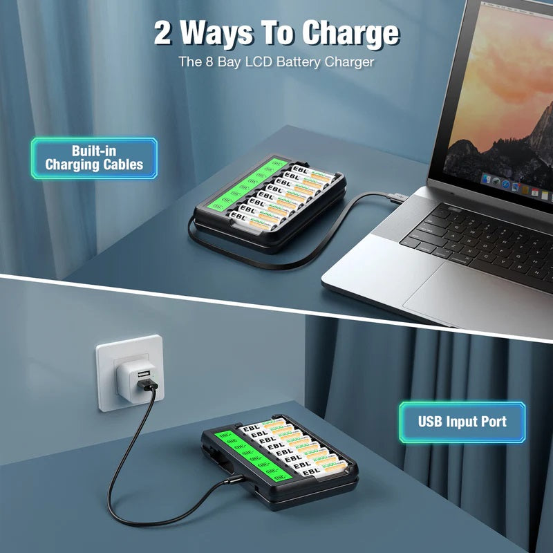 EBL FY-819 LCD charger by VMIDirect charging AA AAA batteries with built-in cables and USB input port