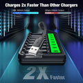 EBL FY-819 LCD charger by VMIDirect showing fast charging with USB cable and battery slots lit green