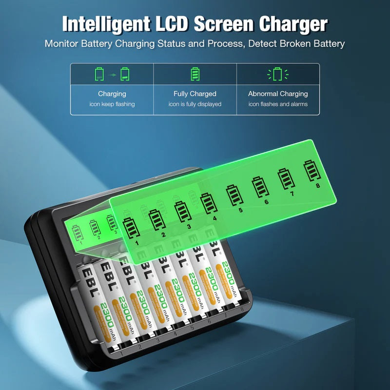 EBL FY-819 LCD charger showing intelligent LCD screen with AA AAA batteries charging status