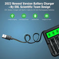 EBL FY-819 LCD charger with USB cable showing battery charging status for AA AAA batteries