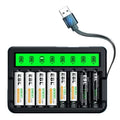 EBL FY-819 LCD charger with eight AA and AAA rechargeable batteries and USB cable