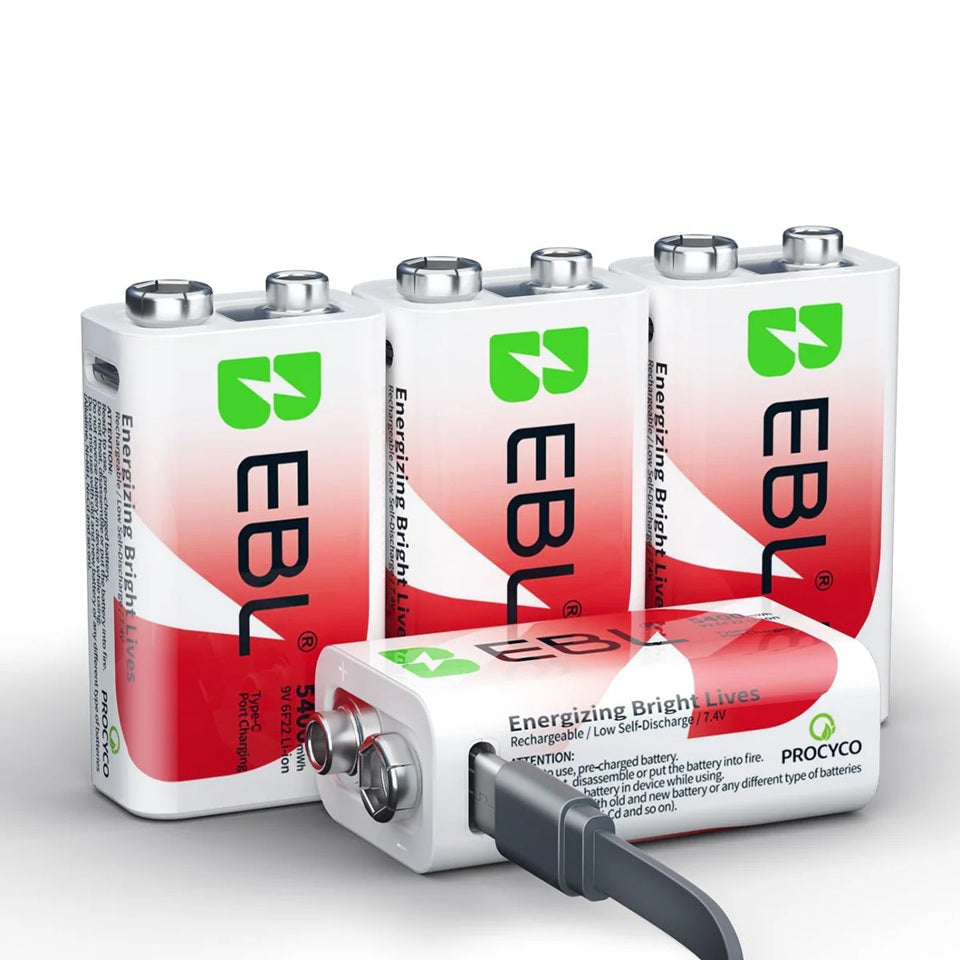 Rechargeable 9V lithium batteries with USB charging cable showing multiple batteries