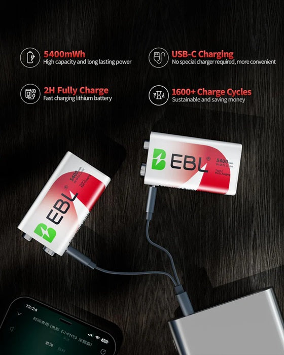 Rechargeable 9V lithium batteries with USB charging cable showing multiple batteries