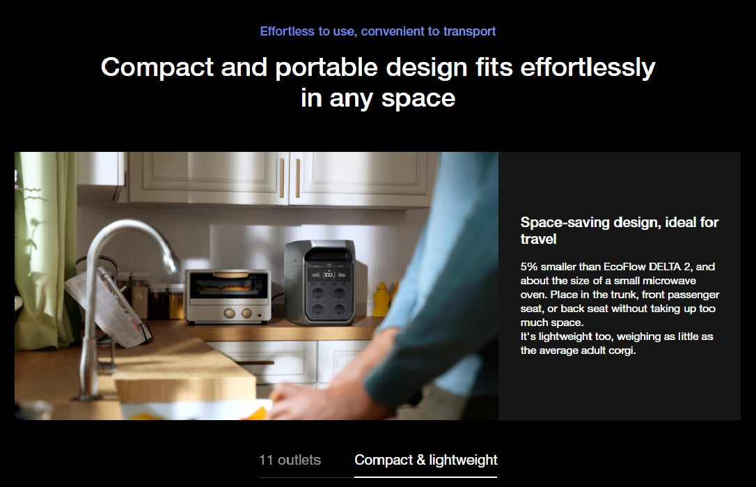 Compact DELTA 3 Portable Power Station on kitchen counter showcasing its lightweight and space-saving design