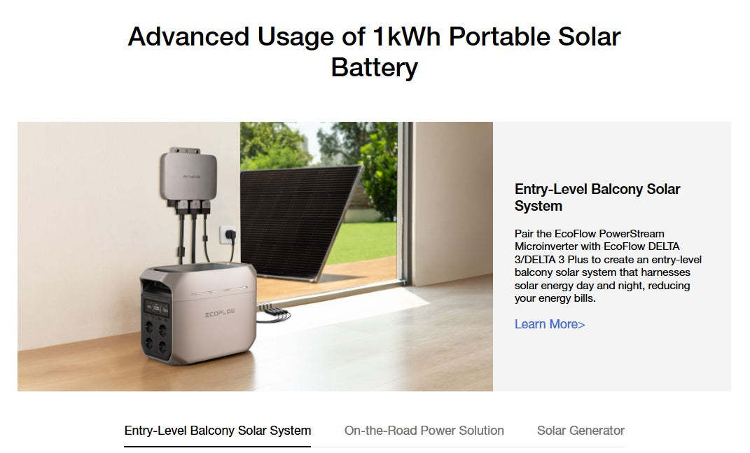 EcoFlow DELTA 3 Portable Power Station connected to a solar panel for balcony solar energy use