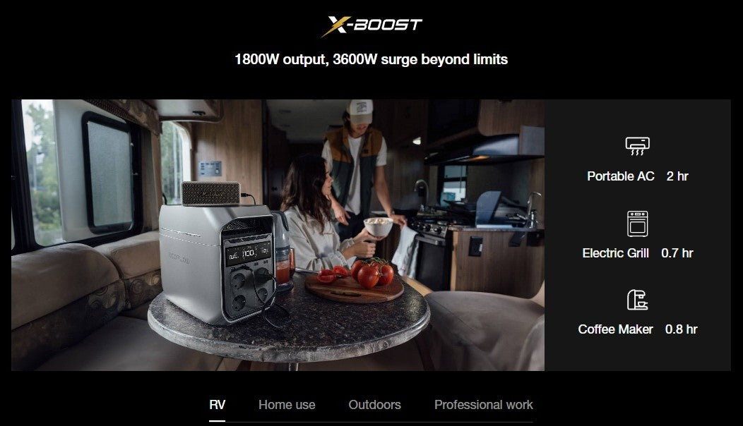 DELTA 3 Portable Power Station on RV table powering kitchen appliances with vegetables and people in background