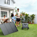 VMIDirect portable power station charging devices during an outdoor gathering with solar panels